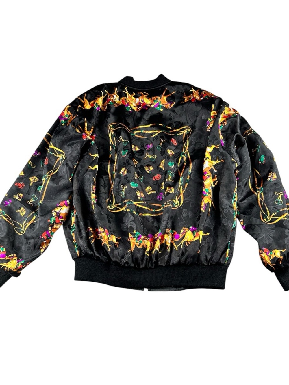 Vintage Style Equestrian Scarf Print Reversible Satin Bomber Jacket - Picture 3 of 12